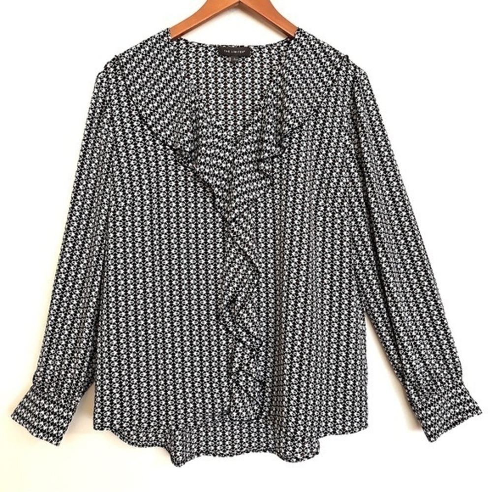 The Limited Black and White Long Sleeve Ruffle Blouse Top Size Large